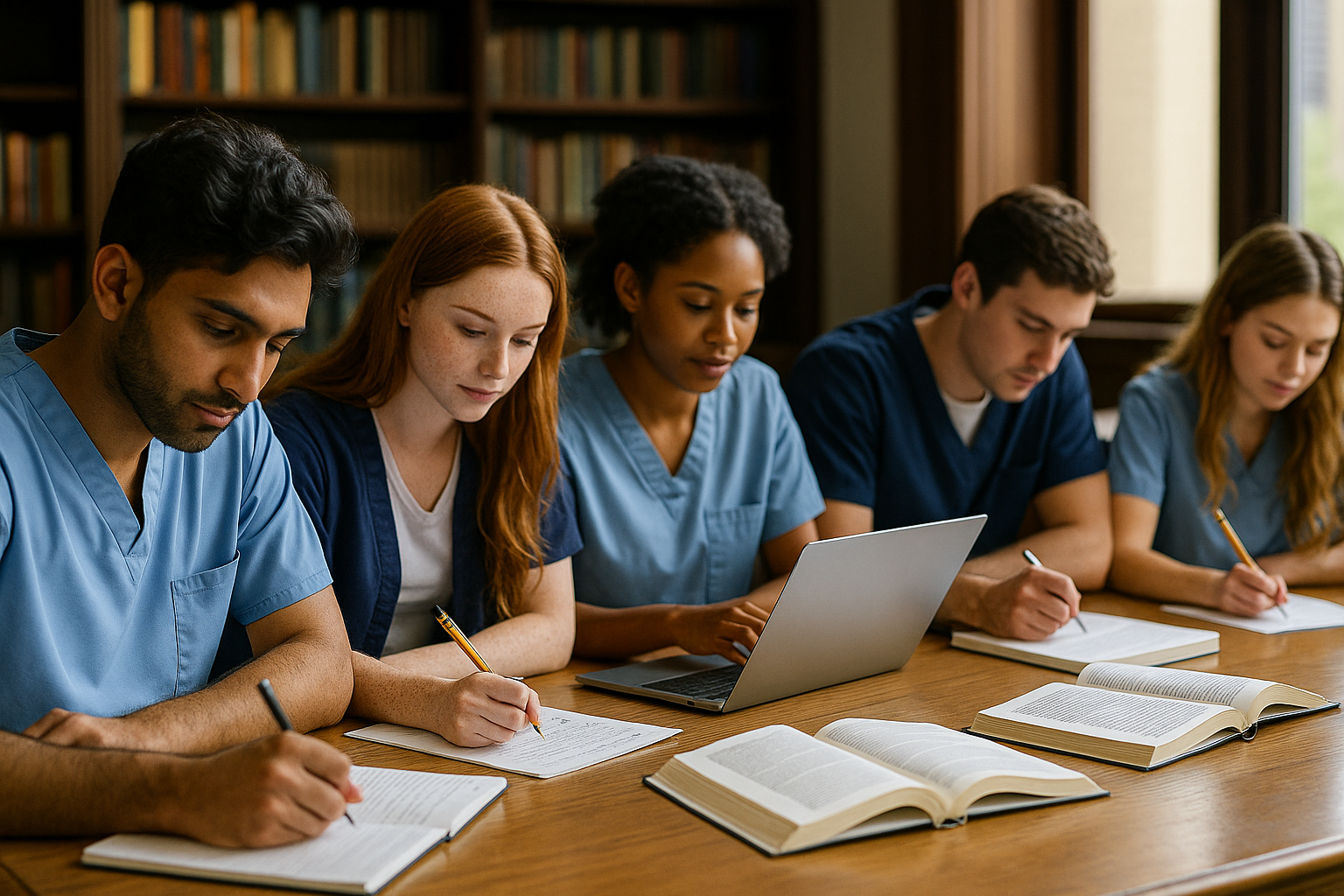 Students practising UCAT exam questions at a university library