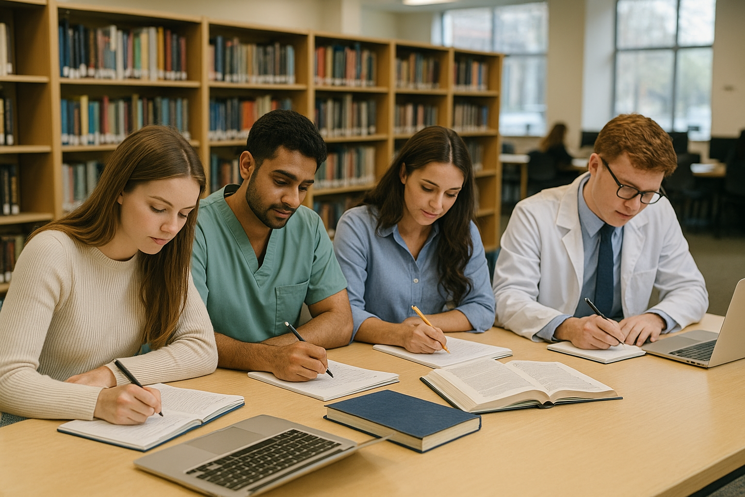 Students writing personal statements together in a library
