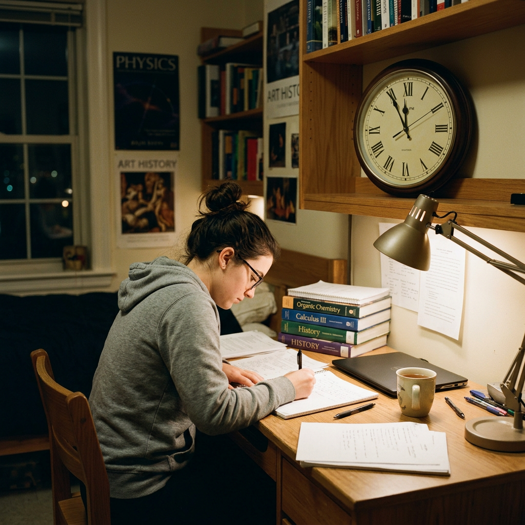 Student writing notes at desk with books and clock showing midnight