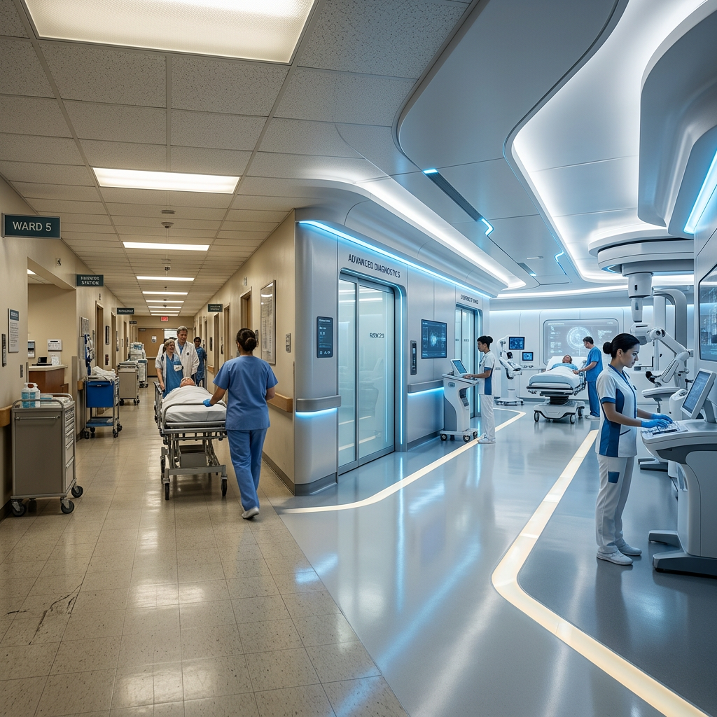 Hospital corridor transforming into futuristic clinical environment