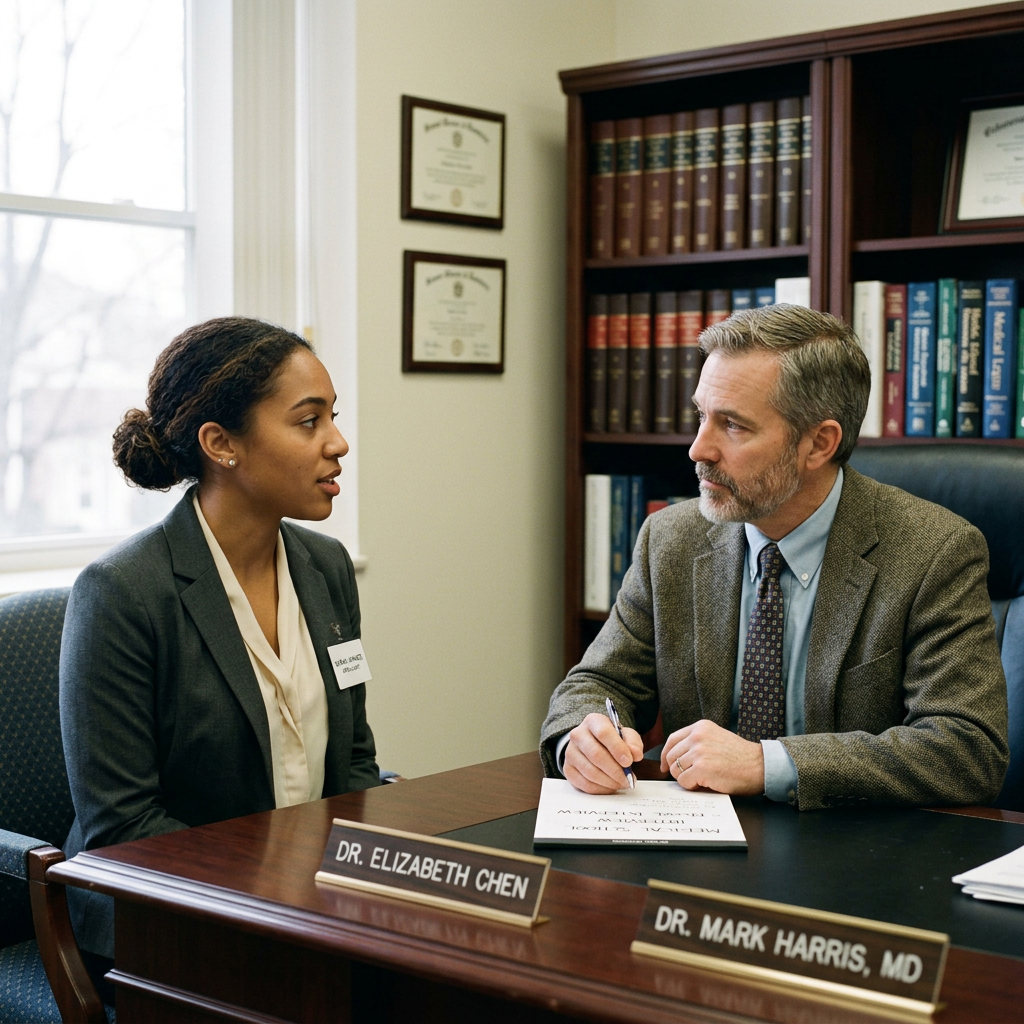 Female doctor speaking with male doctor in medical office