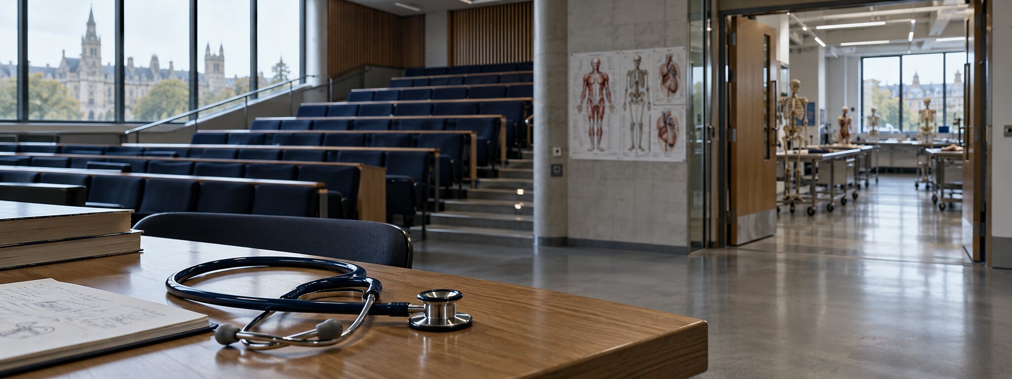 A British university medical seminar room with clinical study materials in natural daylight.